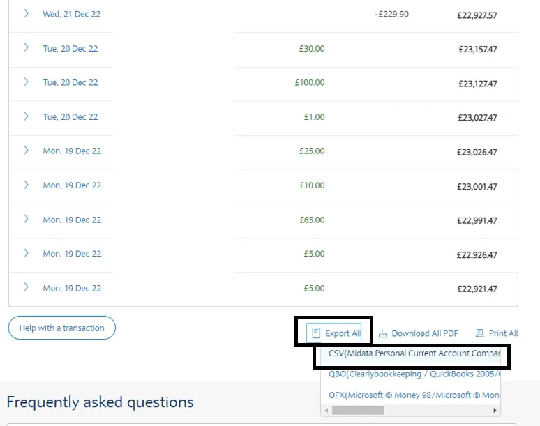 Barclays Online Banking Export All menu showing the CSV download option