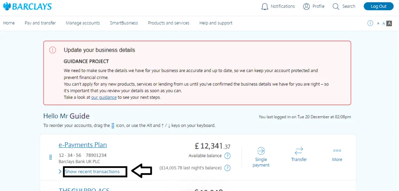 Barclays Online Banking account page showing recent transactions