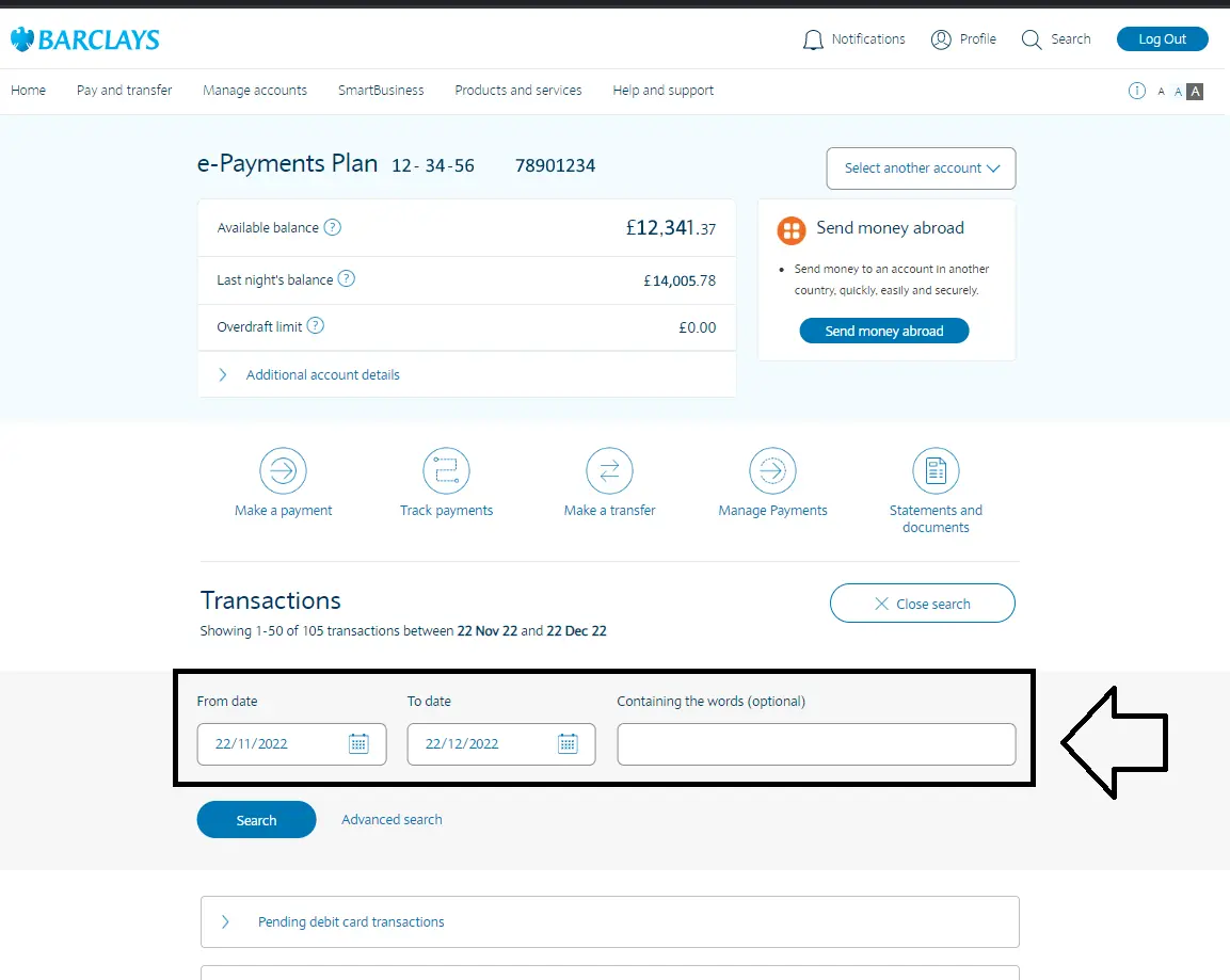 Barclays Online Banking transaction search with a selected date range